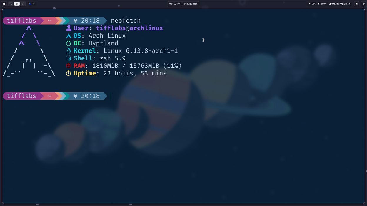 Screenshot of my Arch Linux DE running Hyprland tiling window manager